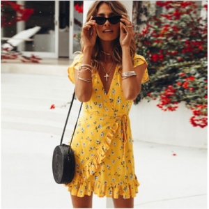 Yellow Floral Wrap Dress with Frills