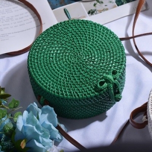 Handwoven Green Round Rattan Plain Bag