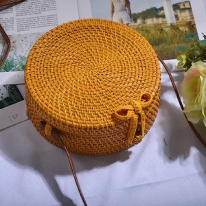 Handwoven Yellow Round Rattan Plain Bag