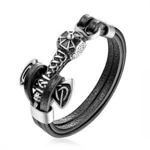 Viking Cross Stainless Steel Anchor Leather Bracelet