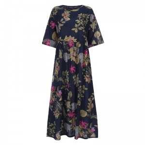 Plus Size Boho Navy Floral Print Cotton Maxi Dress