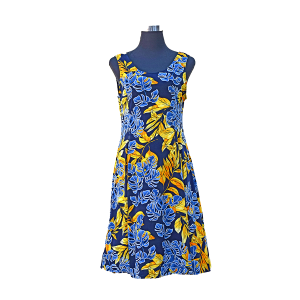 Vestido estampado floral de hojas azules y amarillas de Eli New York