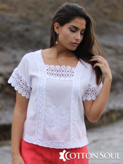 White Cotton blouse with lace and embroidery by Cotton Soul