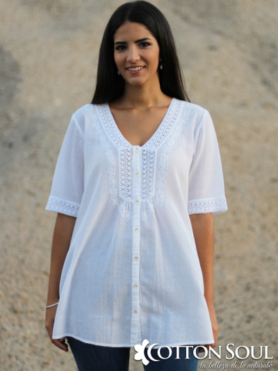White V Neck Embroidered Button Magali Blouse by Cotton Soul