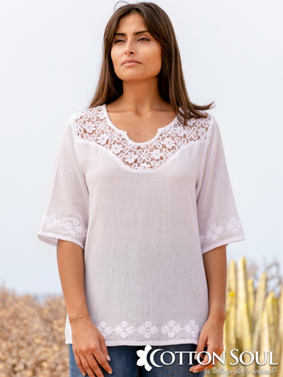 White blouse with embroidery, lace on the neck and back by Cotton Soul