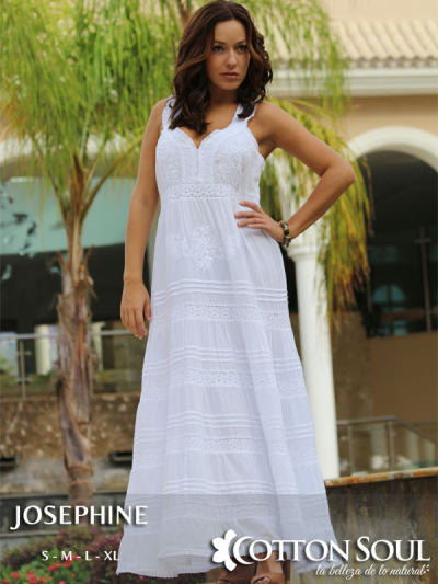 White Long dress thick strap with embroidery on the front and back by Cotton Soul