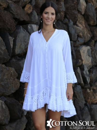 White flow dress with bell sleevels embroidery and lace by Cotton Soul