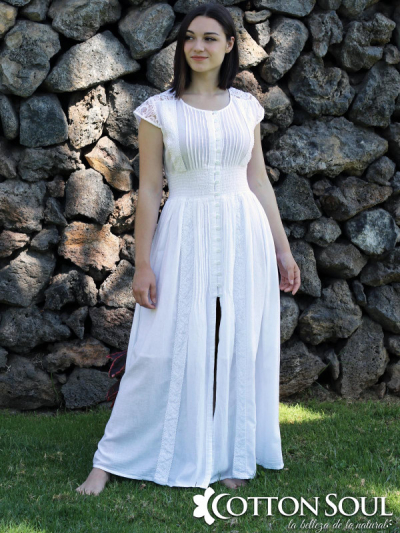 White Maxi Stretch Waist Dress with embroidery and lace by Cotton Soul