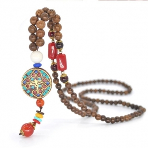 Ethnic Wooden Beads Tibetan Om Turquoise Emblem Necklace