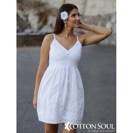 Bordado de algodón blanco vestidos verano Mujer de manga corta