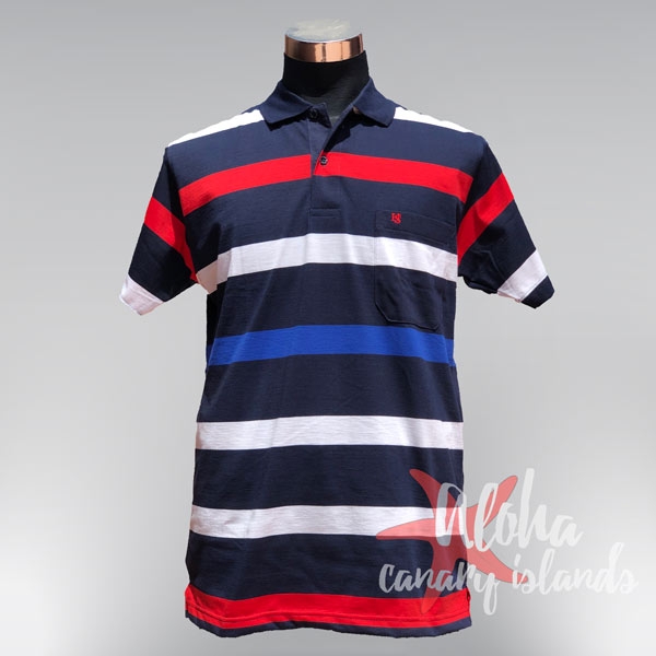 Hugo Samuel Horizontal Red White & Blue Band Stripes Polo | Aloha Canary