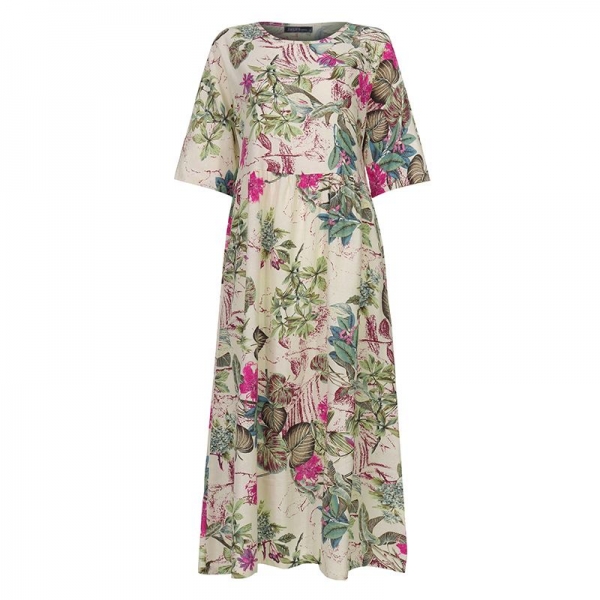 Plus Size Boho Fucsia Floral Print Cotton Maxi Dress | Aloha Canary