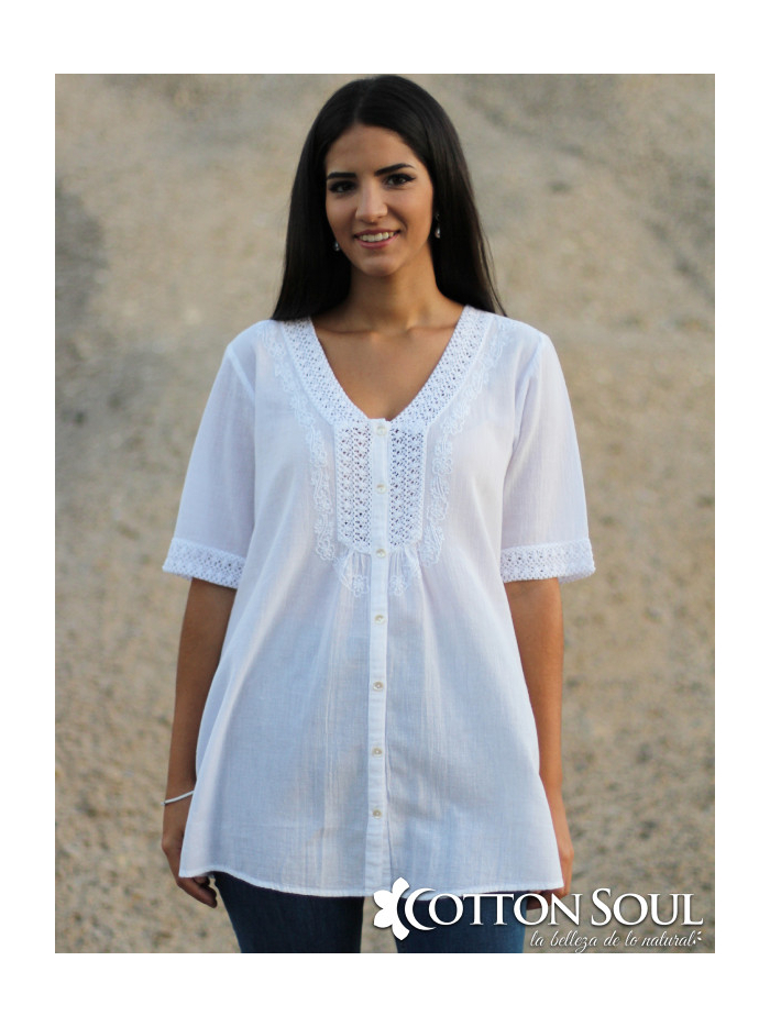 White V Neck Embroidered Button Magali Blouse by Cotton Soul
