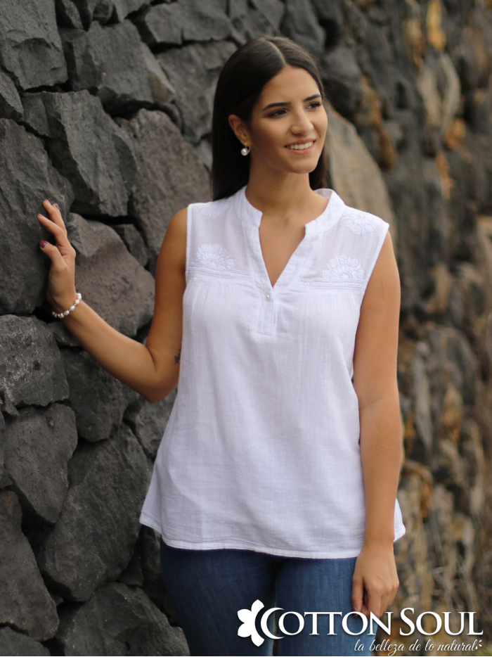 White sleeveless blouse pearl button embroidery by Cotton Soul