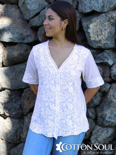 White V Neck shirt fully embroidered by Cotton Soul