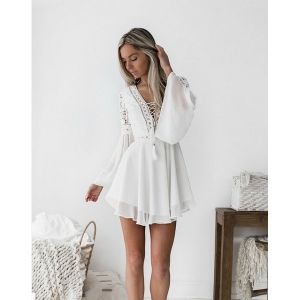 BOHO White Lace V Neck Mini Dress