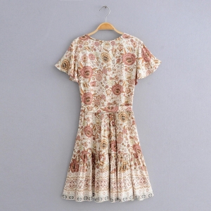 BOHO - Floral Print Cream Wrap Dress