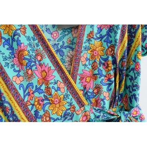 BOHO - Floral Print Turqoise Summer Wrap Dress