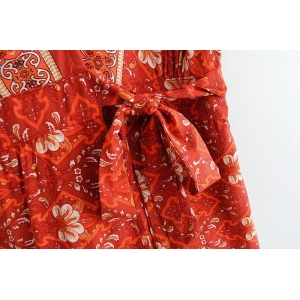 BOHO - Floral Print Red Summer Wrap Dress